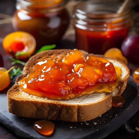Toasted bread with apricot jam on a dark background. Selective focus.の素材