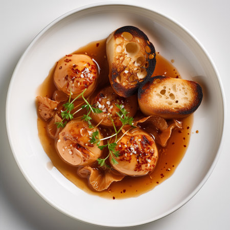 Bowl of pickled mushrooms with thyme and garlic on white backgroundの素材