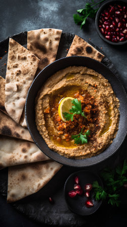 Traditional hummus with pita bread and pomegranate seedsの素材