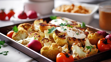 Baked cauliflower with sour cream and vegetables. Selective focus.の素材