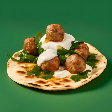 Meatballs with sauce and parsley on a pita bread isolated on green backgroundの素材