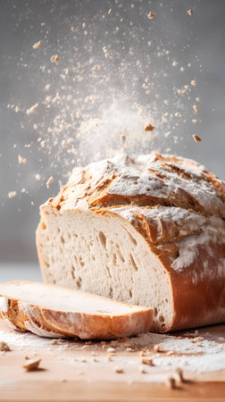 Sliced white bread sprinkled with powdered sugar on a wooden boardの素材