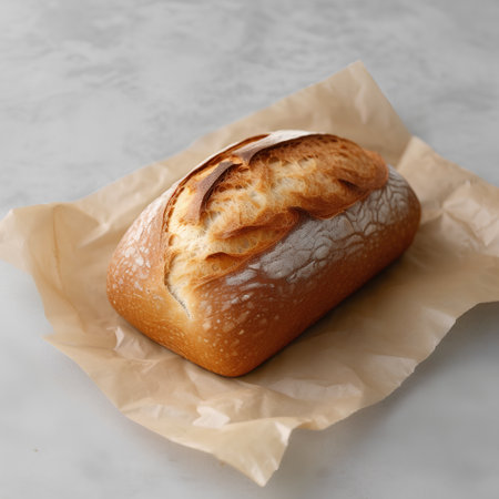 Freshly baked loaf of bread on parchment paper on a light backgroundの素材