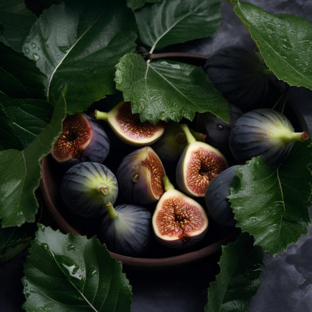 Fresh figs with leaves in a wooden bowl on a dark background.の素材