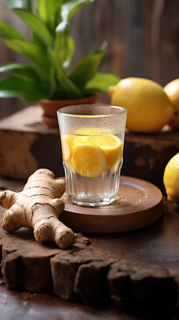 Glass of ginger water with lemon and ginger root on wooden background.の素材