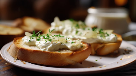 Toasted baguette with cream cheese and dill, selective focusの素材