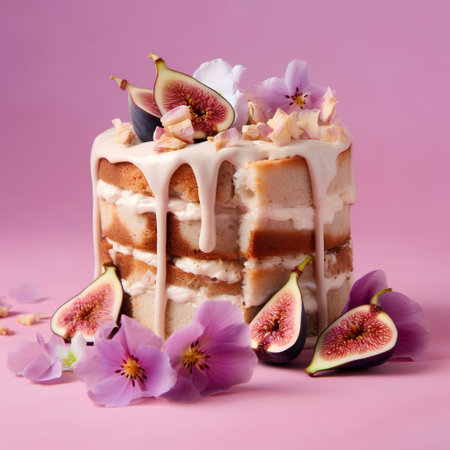 Piece of cake with fresh figs and flowers on pink backgroundの素材