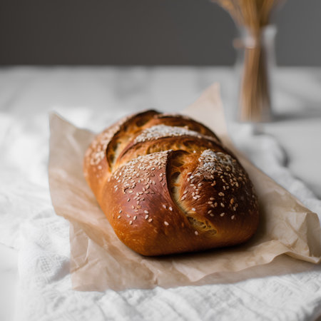 Homemade bread with sesame seeds on a white linen tableclothの素材