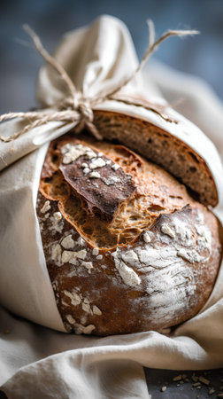Freshly baked artisan sourdough bread on a rustic background.の素材