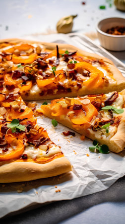 Pizza with caramelized sweet potato, bacon and oreganoの素材