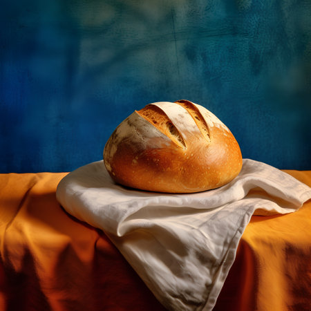 loaf of bread on a table with a cloth and blue backgroundの素材