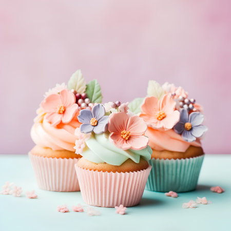 Cupcakes with buttercream frosting and flowers on pastel backgroundの素材