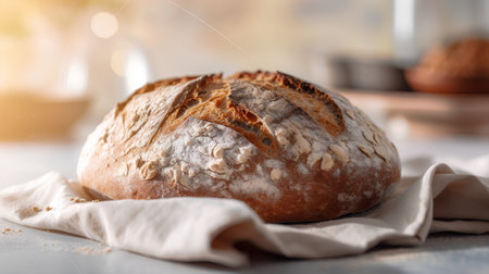 Freshly baked homemade sourdough bread on a light background.の素材