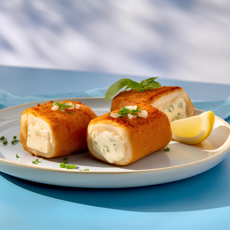 Curd rolls stuffed with cheese and herbs on a blue background.の素材