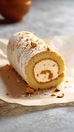 Cake roll with chocolate and nuts on parchment paper on gray backgroundの素材