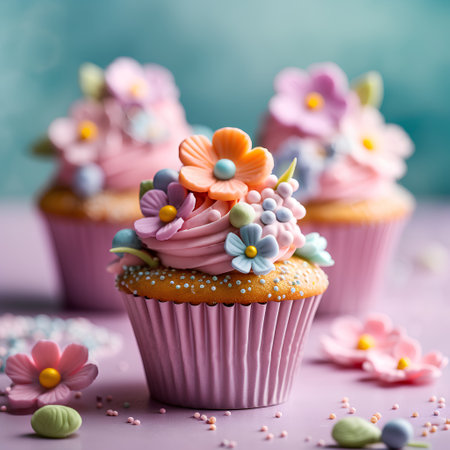 Cupcakes decorated with flowers and sprinkles on a pink backgroundの素材