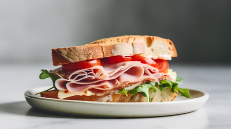 Classic sandwich with ham, cheese, tomatoes and arugula.の素材