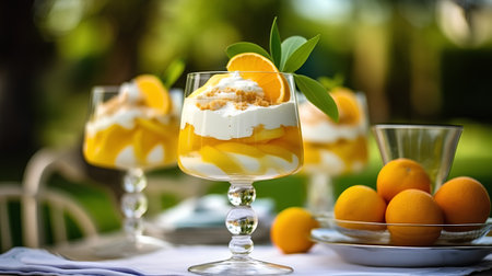 Dessert with cream and orange in glasses on the table in the gardenの素材