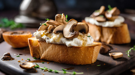 Bruschetta with cream cheese, mushrooms and thyme on a dark background.の素材