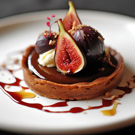 Delicious tartlet with figs and chocolate on a white plateの素材