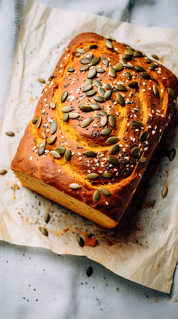 Homemade sweet bread with pumpkin seeds and sunflower seeds on a light background.の素材