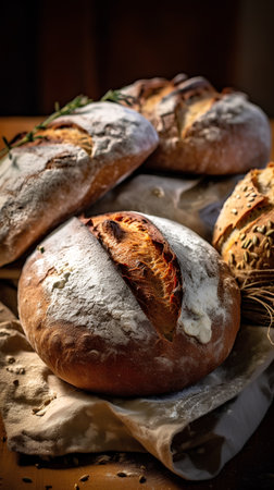 Freshly baked bread on a wooden board. Selective focus.の素材