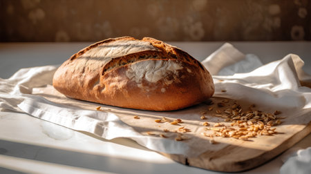 loaf of bread with sunflower seeds on a white tableclothの素材