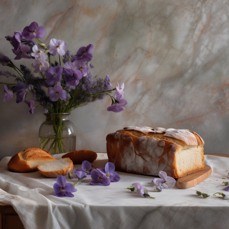 Freshly baked loaf of bread with butter and fresh flowers on the tableの素材