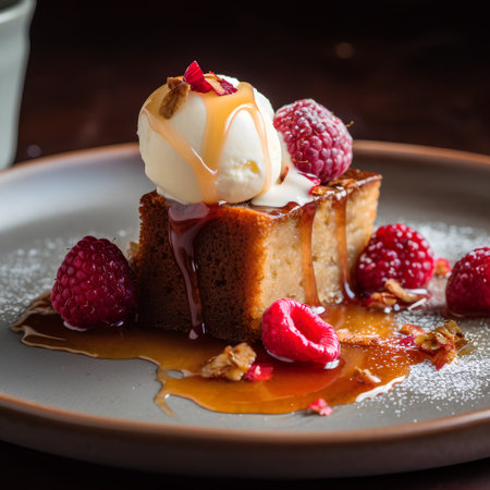 Honey toast with ice cream and fresh raspberries, selective focusの素材