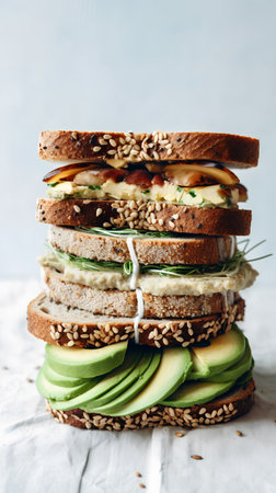Healthy sandwich with avocado, cheese, cucumber and sesame seeds.の素材