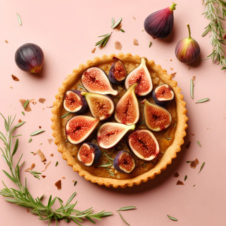 Tart with figs and rosemary on pink background, top viewの素材