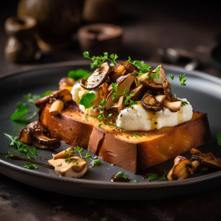 Toast with cream cheese, mushrooms and parsley on a plateの素材