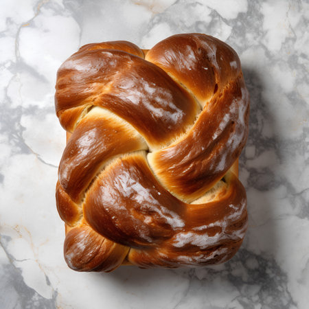 Sweet braided bread on white marble background. Top view. Flat layの素材