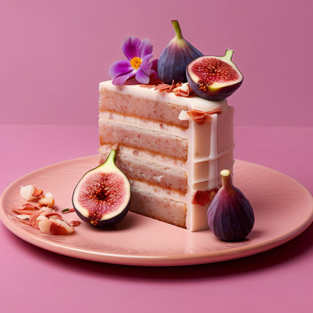 Delicious cake with figs and flowers on a pink plate.の素材