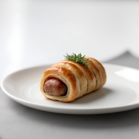 Sausage wrapped in puff pastry on a white plate with dillの素材