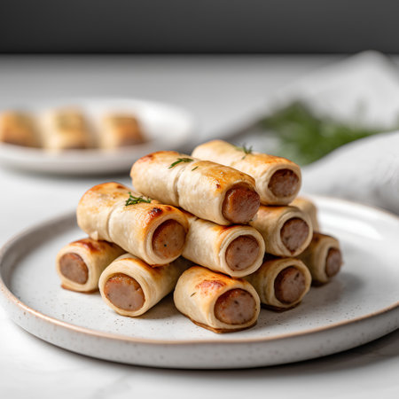 Sausages wrapped in puff pastry with dill on a plateの素材
