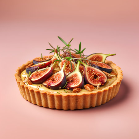 Tart with figs and rosemary on a pink background.の素材