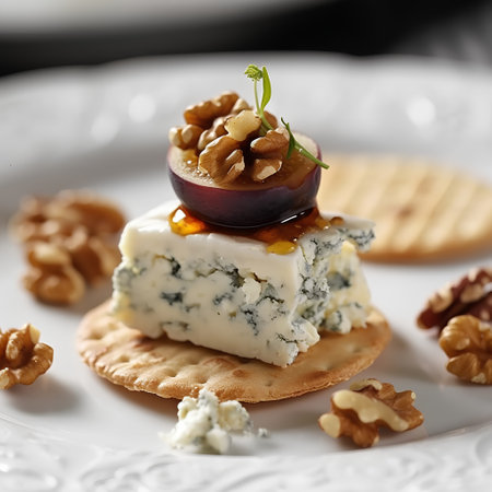 cheese plate with blue cheese, nuts and honey on white plateの素材