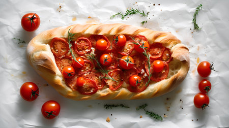 Italian focaccia with cherry tomatoes and dill, top viewの素材