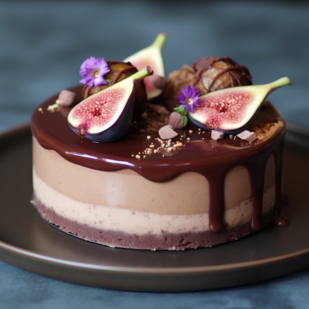 Chocolate cheesecake with figs and chocolate glaze, selective focusの素材