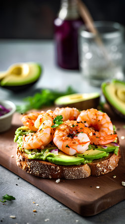 Avocado toasts with shrimps, avocado and prawnsの素材
