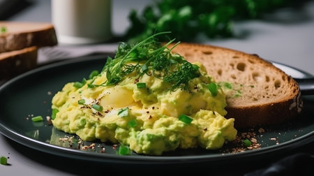 Avocado scrambled eggs with dill and bread on a black plateの素材
