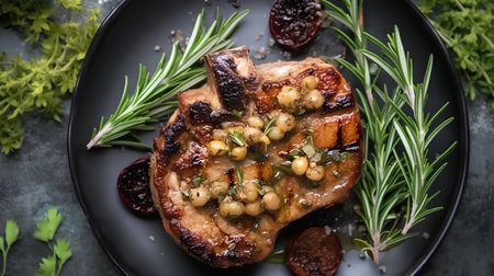 Grilled pork chop with roasted chickpeas and rosemary, top viewの素材