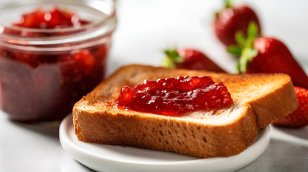 Toast with strawberry jam and fresh strawberries on a white background.の素材