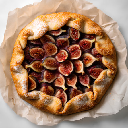 Homemade fig galette with fresh figs on a white backgroundの素材