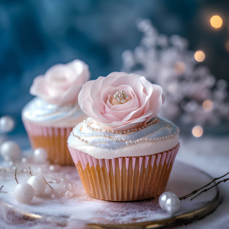 Cupcakes decorated with sugar icing and rose flowers on a dark backgroundの素材