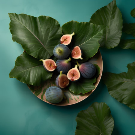 Fresh figs with leaves on blue background. Top view, flat layの素材