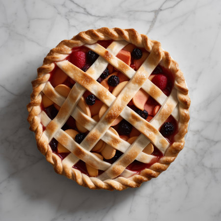 Delicious homemade pie with berries on white marble background, top viewの素材