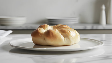 Freshly baked croissant on a white plate on a kitchen tableの素材