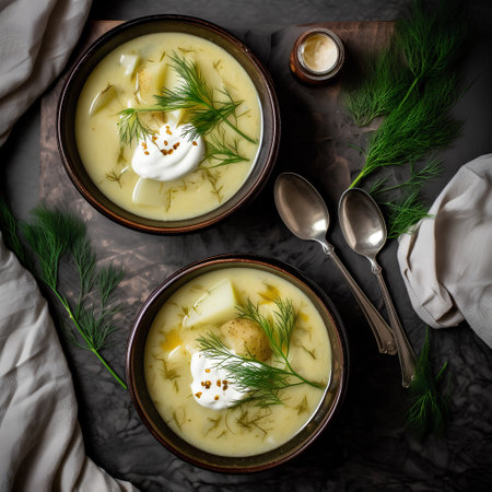 Creamy dill soup with sour cream and dill on a dark background.の素材